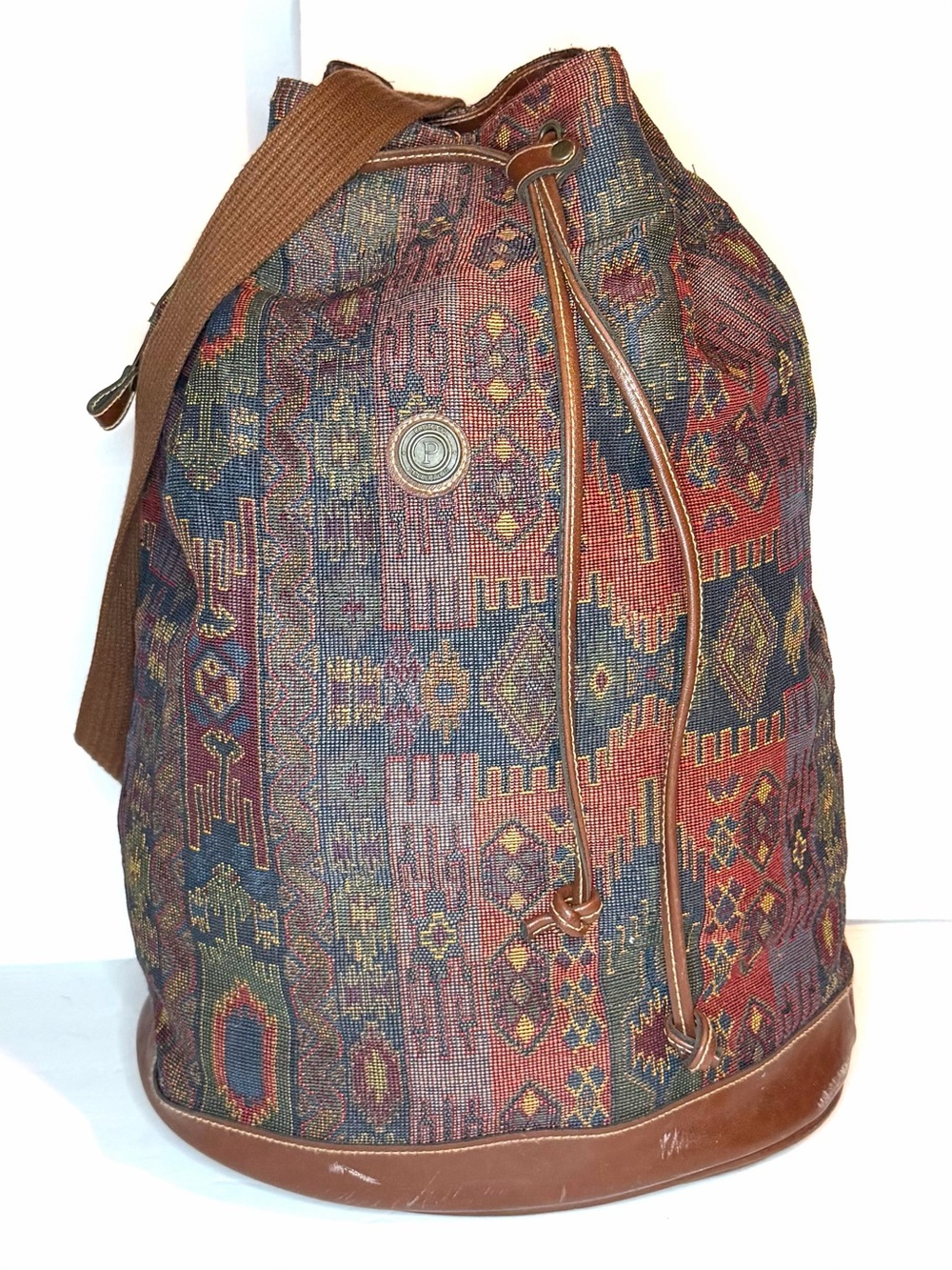 Protocol Collection Woven Tapestry Drawstring Backpack - Multicolor Blue & Brown
